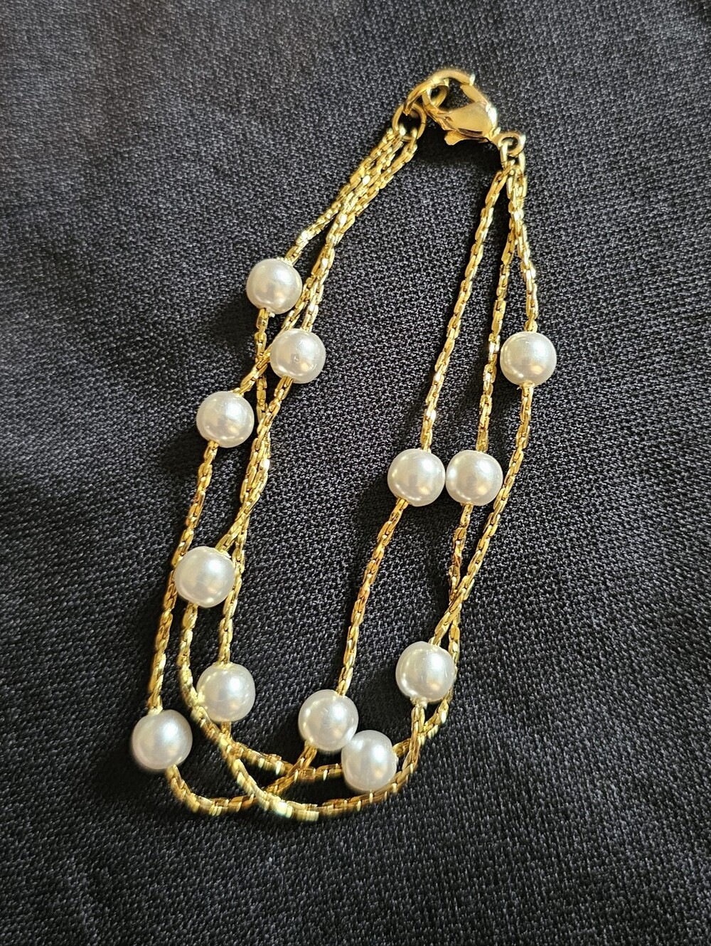 Vintage Gold Tone Three-strand Faux Pearl Bracelet